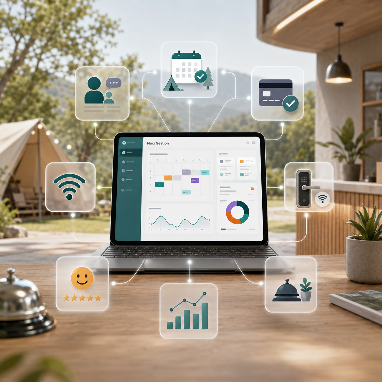 Écosystème logiciel camping connecté - Naxi Gestion Tableau de bord Naxi Gestion illustrant un écosystème logiciel connecté pour campings avec services de réservation, paiement, wifi, accès et relation client