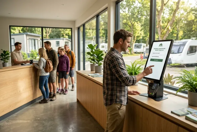Naxi totem borne interieur.webp Borne d’accueil autonome pour camping permettant de réduire l’attente à la réception