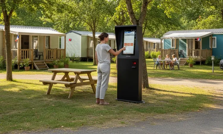 Naxi Totem_Inaxel.webp Borne check-in autonome extérieure pour camping avec file d’attente à la réception